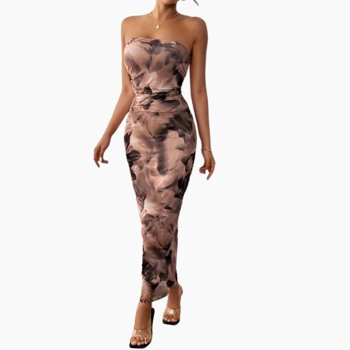 Abstract Strapless Midi Dress